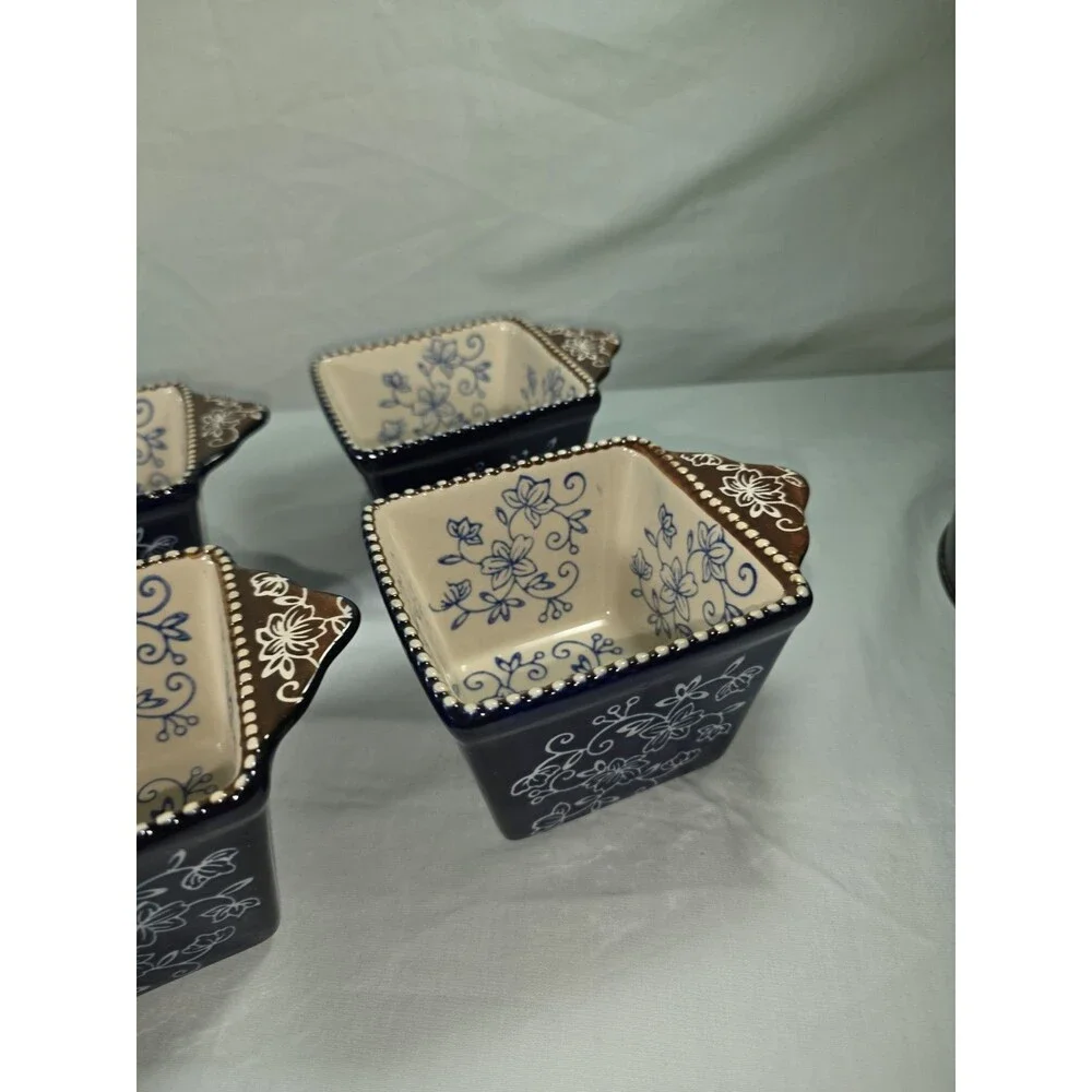 Temp-tations Floral Lace Cobalt Blue 10 OZ Square Ramekins Mini Bakers Set of 4
